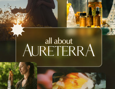 Collage expressing Aureterra’s brand story through solar-infused skincare, botanical harvesting, sunlight rituals, and nature-inspired imagery.