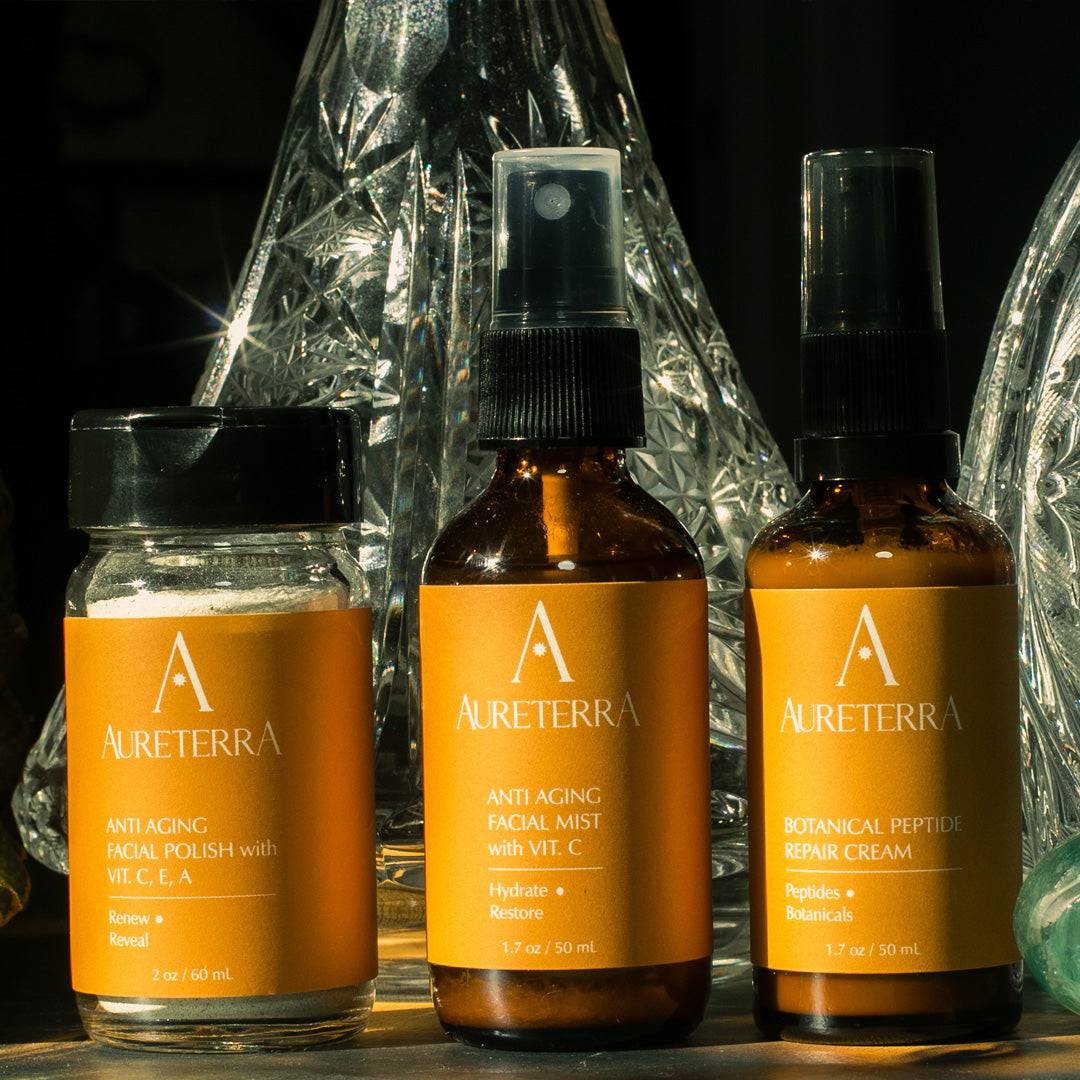 Solar-infused Aureterra Glow Starter Kit featuring peptide cream, botanical polish, and brightening mist.