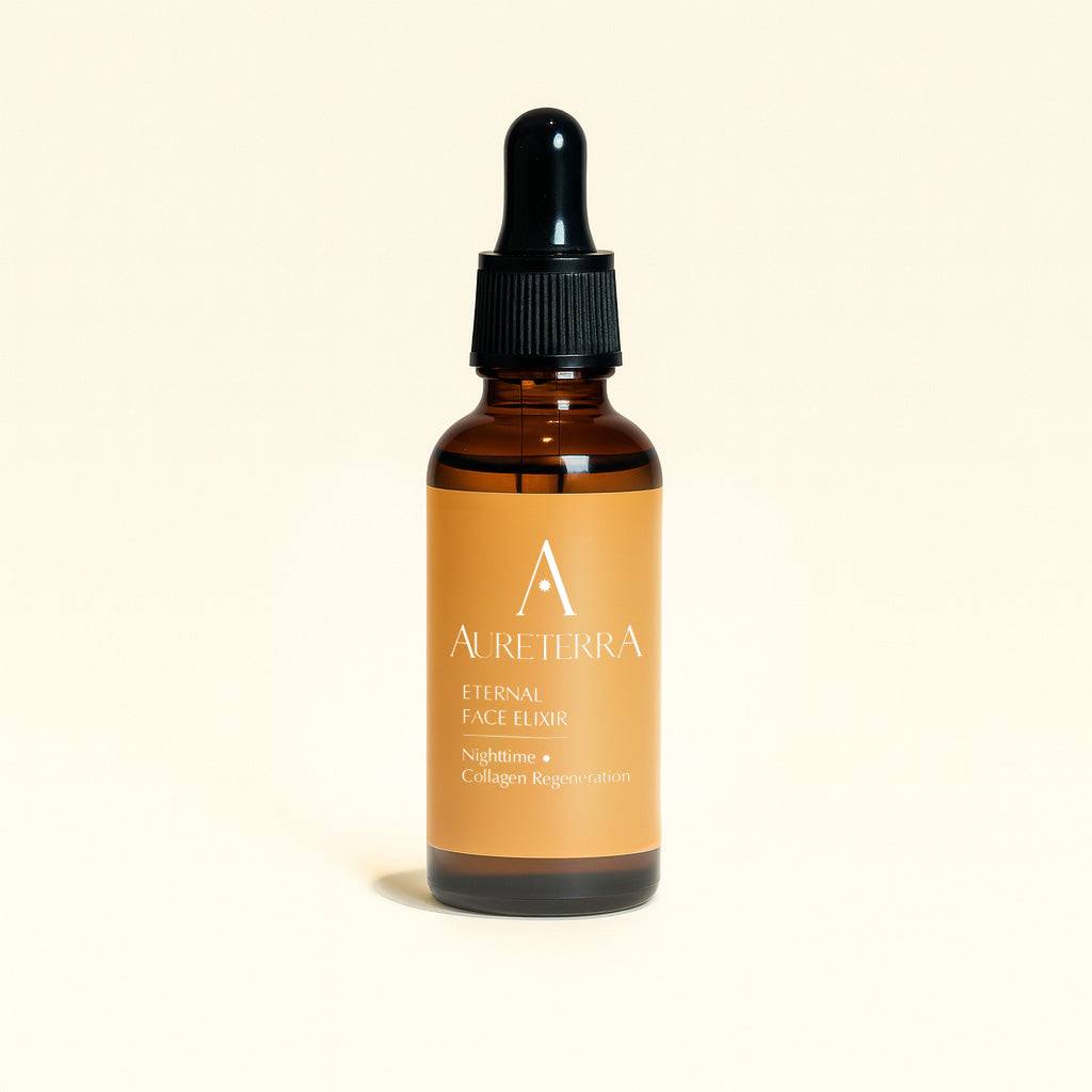 Brown bottle with black cap labeled 'Aureterra Eternal Face Elixir' on a beige background