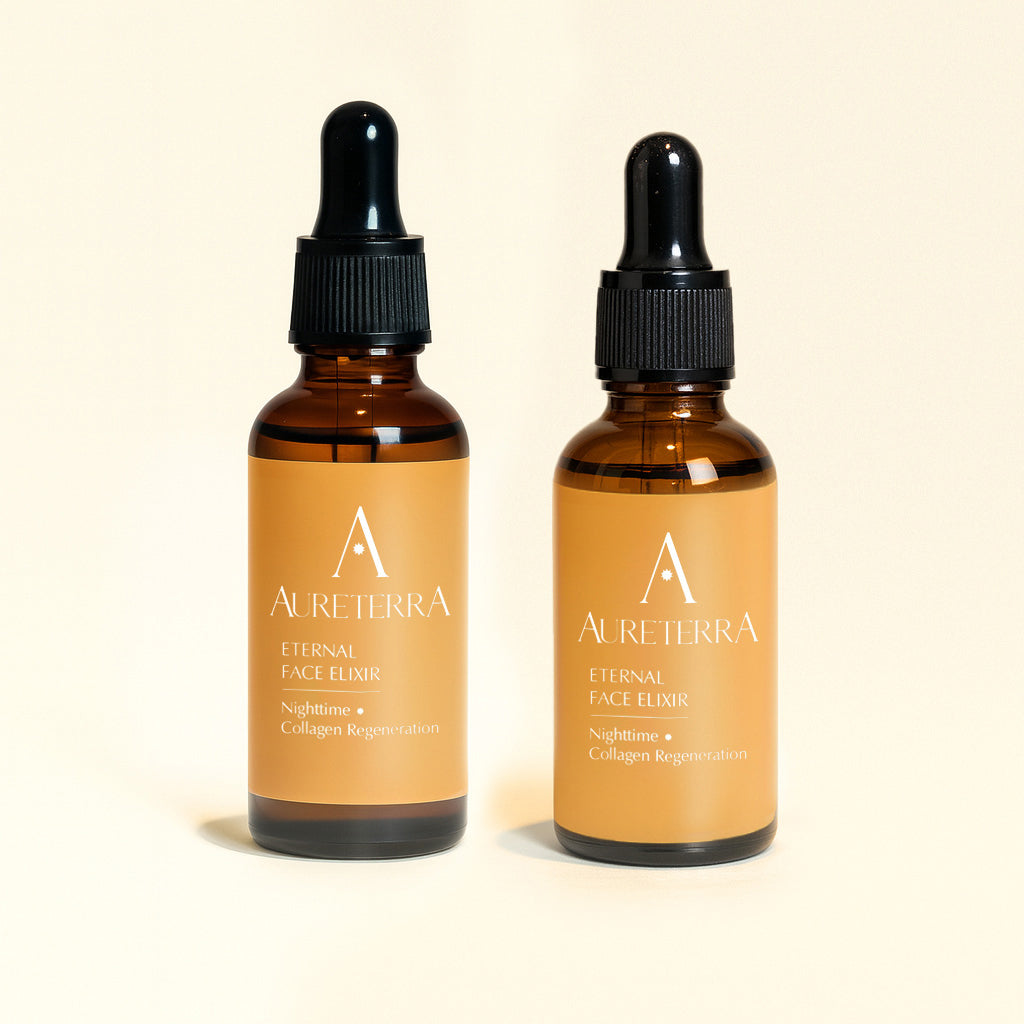 Two Aureterra Eternal Face Elixir bottles on a beige background