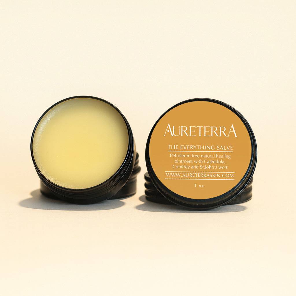 1 oz tin with yellow salve containing calendula, comfrey, st.johns wart, organica, beeswax. Petroleum-free natural healing ointment by Aureterra.